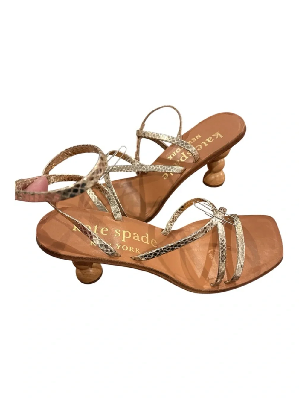 Kate Spade New York Charmer Metallic Gold Sandal with Sculpted Wood Heel 6.5